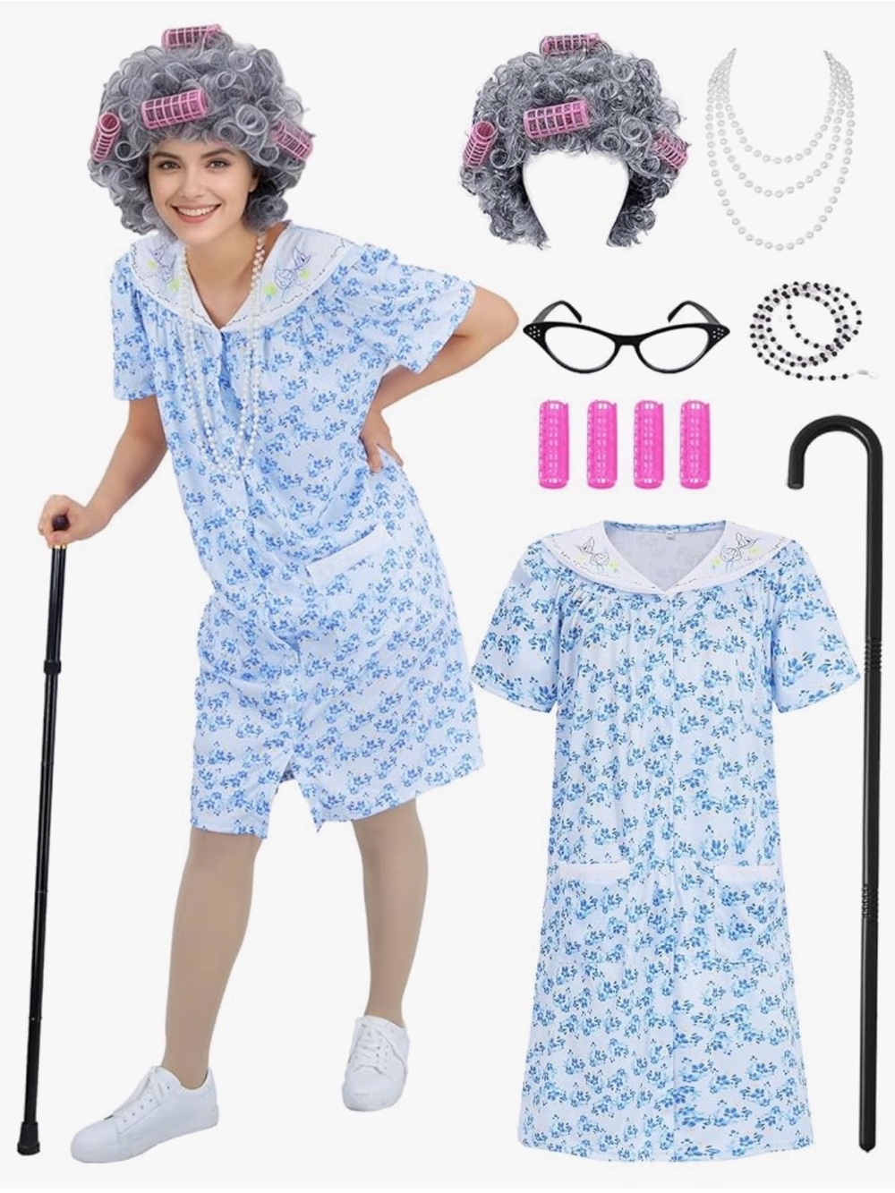 Light Blue Floral Grandma Costume for Kids with Accessories
